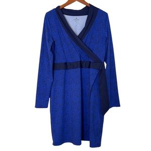 Athleta Womens Wellington Blue Floral Faux Wrap Athleisure Dress Size L stretch